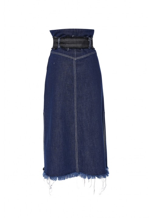 Black/blue recycled denim patchwork midi skirt